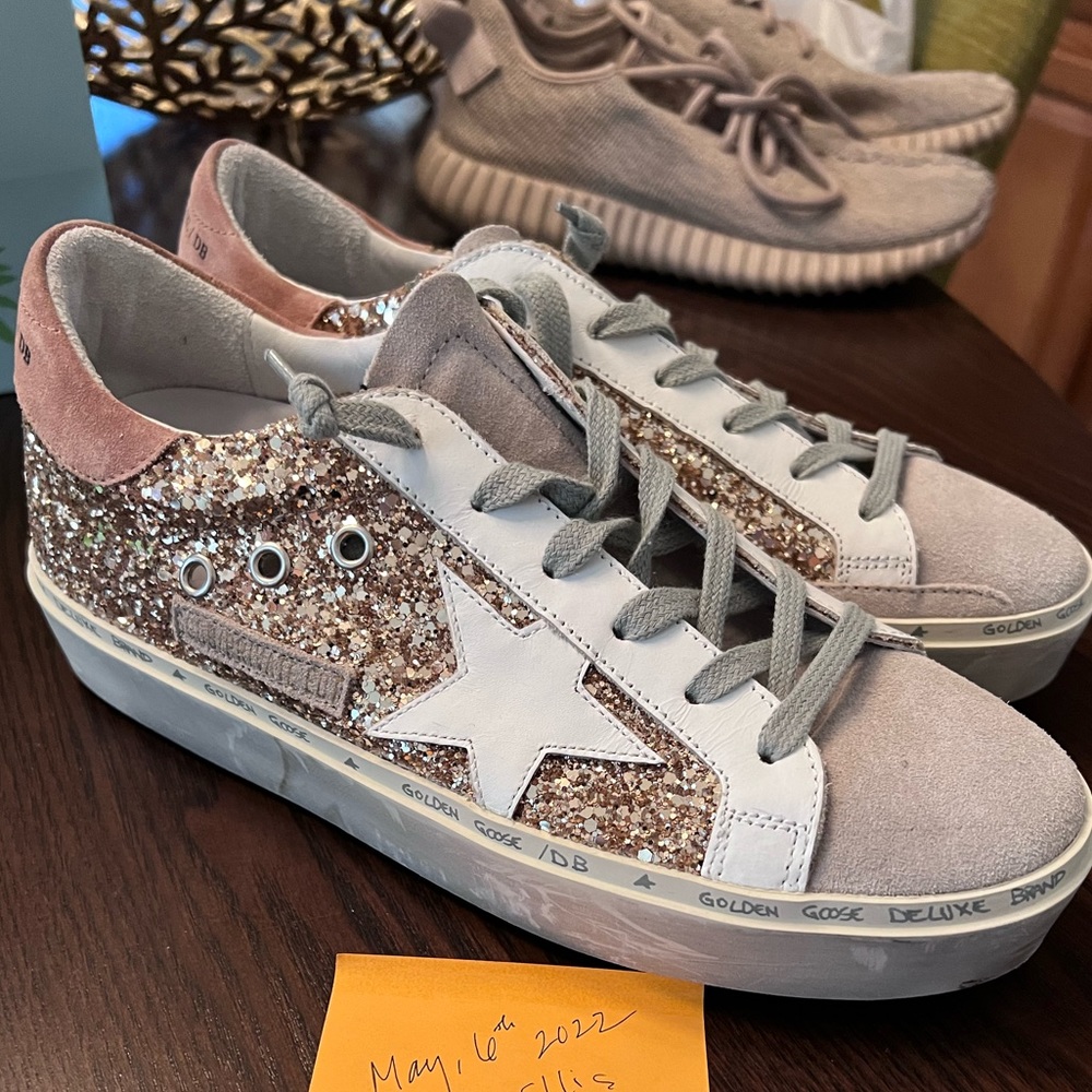 Priced to sell- like-new golden goose rose gold glitter hi-star. Limited edition